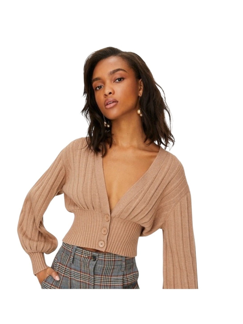 Aritzia Wilfred Plunge Front Cardigan Tan Merino Wool Blend Size L